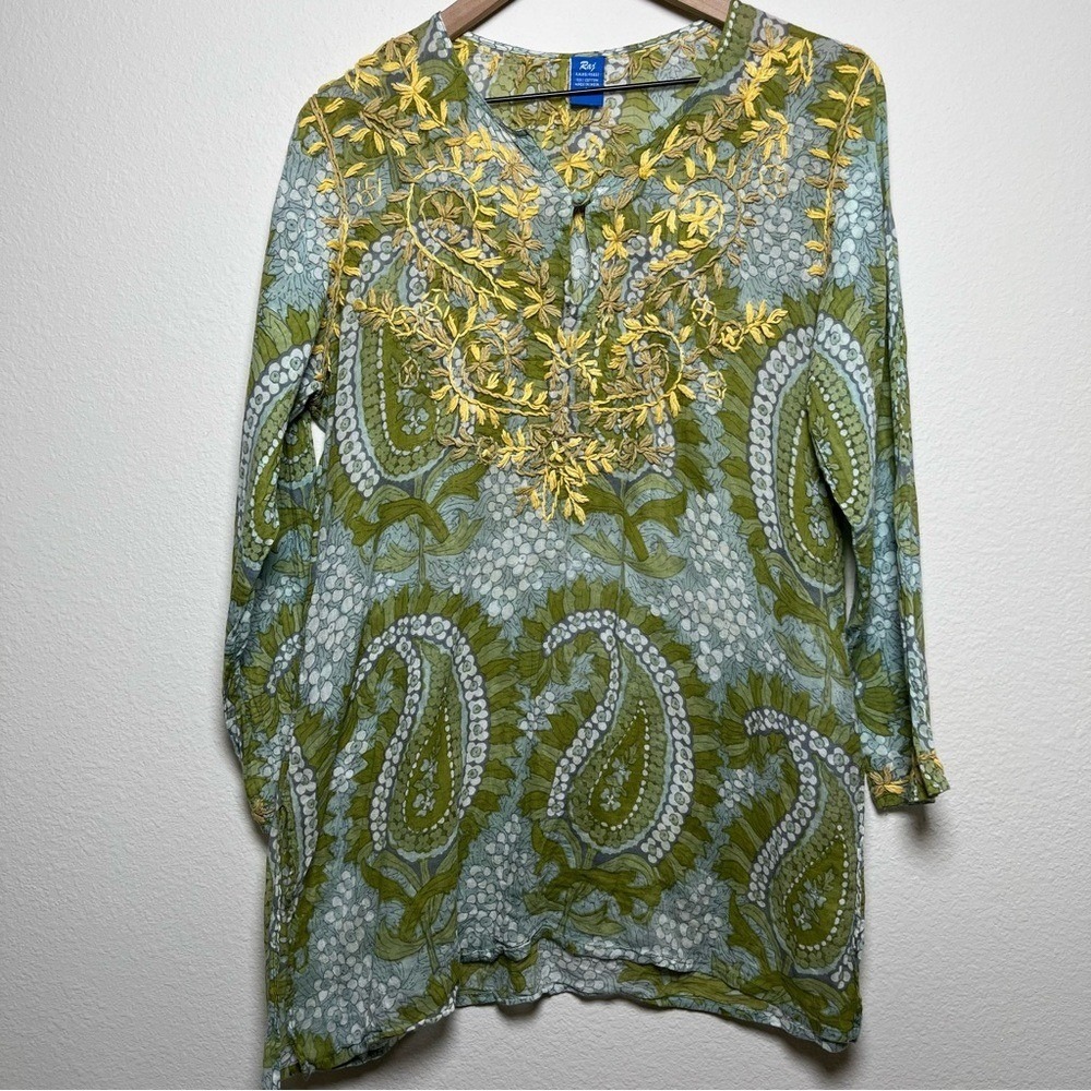 Women Tunic‎ Top Large Green Yellow Embroidered Paisley Sheer Resort Beach Lagen